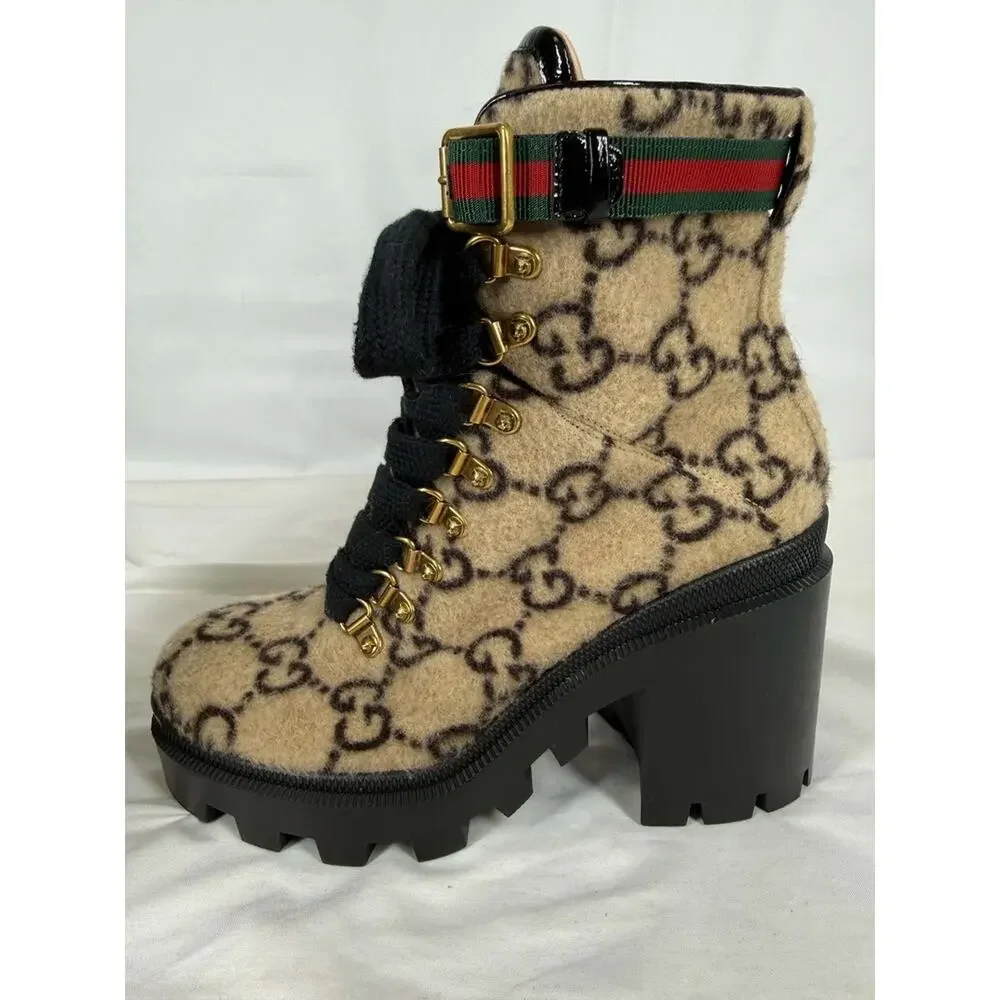 Women's Size 8.5 Gucci Web Accent Wool Combat Boots SPB-JB 371720